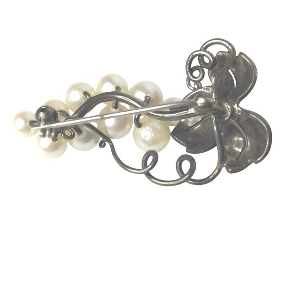 VTG STERLING 835 Women Grape Cluster Brooch Faux Pearl Mid Century Estate Pin - Picture 2 of 8
